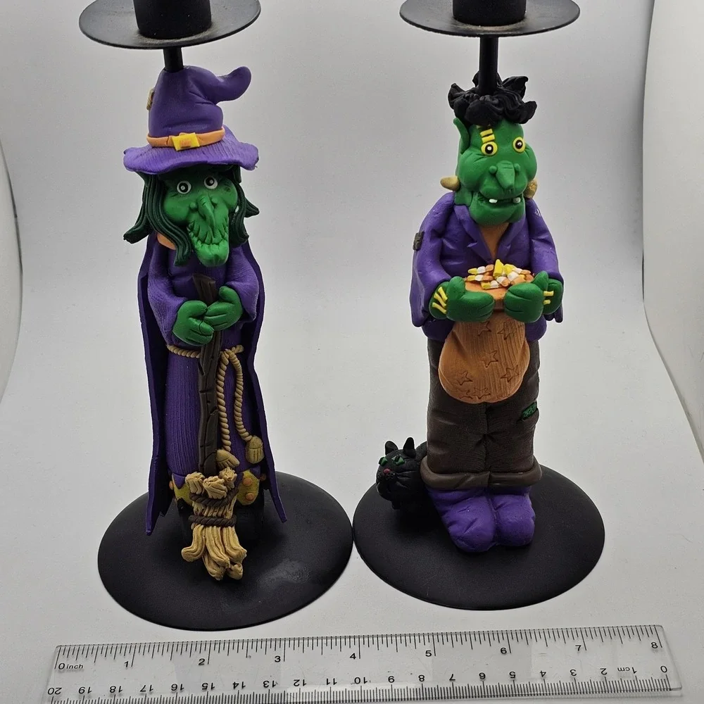 Halloween Candlestick Holders Witch & Frankenstein Polymer Clay 9.0